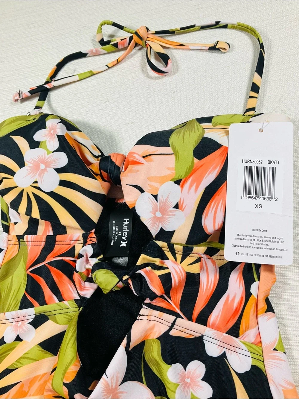 NWT HURLEY Women’s Black Hawaiian Tropical Floral High Waist One-Piece Swimsuit